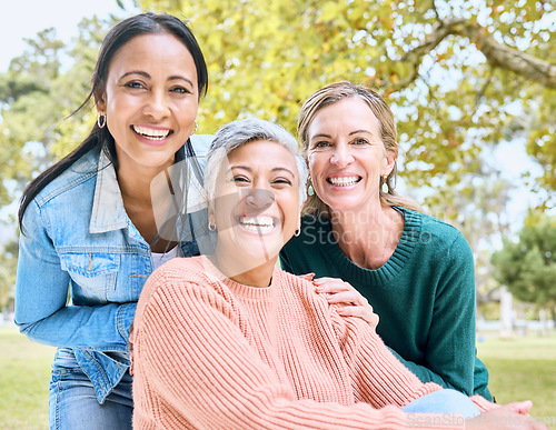 Image of Retirement, women or bonding portrait on profile picture, social media or lifestyle freedom blog in relax environment. Smile, happy or elderly senior friends in nature park, grass garden or community