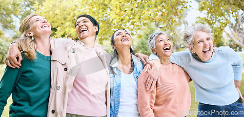 Image of Senior people, laughing and bonding in comic joke or funny meme in nature park, spring garden or relax environment. Smile, happy women or diversity elderly friends with comedy in retirement support