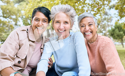 Image of Retirement, friends or bonding portrait on profile picture, social media or lifestyle freedom blog in relax environment. Smile, happy or elderly senior women in nature park, grass garden or community