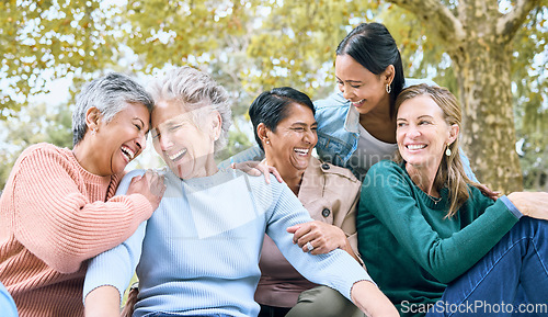 Image of Happy senior friends, laughing or bonding in nature park, grass garden or relax environment in retirement, support or trust. Smile, diversity or elderly women in comic joke, funny meme or emoji face