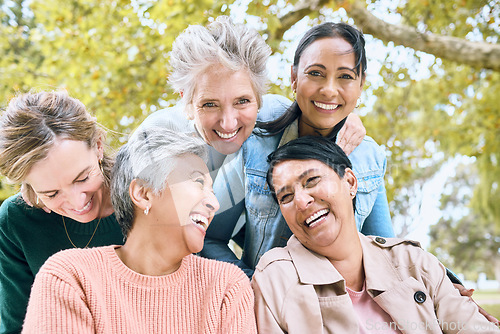 Image of Senior women, laughing or bonding in nature park, public garden or relax environment in retirement, support or trust. Smile, happy or diversity elderly friends in comic joke, funny meme or emoji face