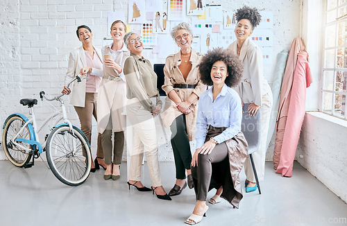 Image of Fashion, designer teamwork and portrait of women in workshop for creative partnership. Group collaboration, startup and senior female tailors in boutique with vision, mission and success mindset.