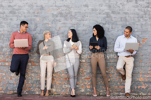 Image of Recruitment, people group and brick wall for job search, hiring and internship on multimedia technology. Black people, woman or friends talking of career application and a we are hiring post