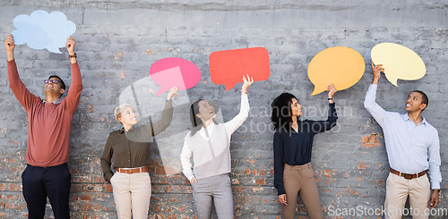 Image of Speech bubble, communication and news with business people and mockup for social media, vote and review. Design, contact and chat sign with employee and board at brick wall for voice and opinion