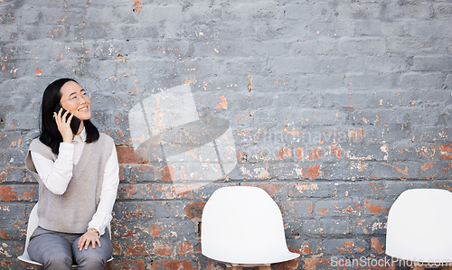 Image of Phone call, chairs and Asian woman in interview waiting room with smartphone, recruitment and employment with smile. Portrait of happy person in Japan sitting on chair, smiling and networking for job