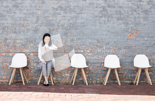 Image of Waiting, interview and woman check time for recruitment, job opportunity and human resources feedback. Asian person alone on chair looking at watch for career news, feedback and appointment schedule