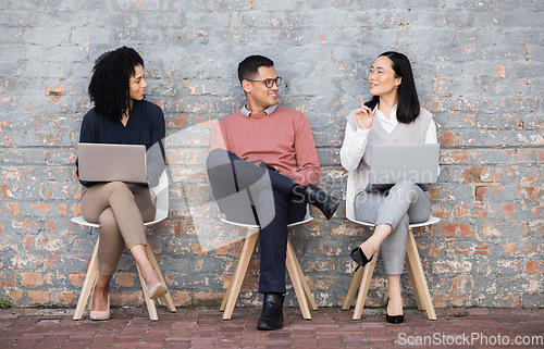 Image of Collaboration or startup recruitment people for digital agency job interview, business meeting or hiring team. Teamwork, thinking or happy employee for cyber security, tech and social media SEO work