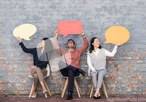 Image of Speech bubble, survey and question with business people and mockup for social media, vote and review. Design, contact and chat sign with employee and board at brick wall for voice, opinion and idea