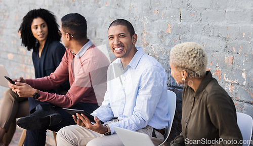 Image of Recruitment, portrait or startup man with smile in digital agency job interview, business meeting or hiring team. Teamwork or happy employee for cyber security, tech or social media SEO work in lobby