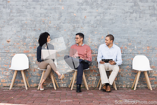 Image of Diversity, recruitment or startup people in corporate lobby for business meeting, job interview or hiring team. Teamwork, collaboration or employee happy for cyber security, tech or digital work