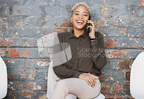 Image of Happy woman, funny phone call and business portrait for communication, contact us and 5g connection. Face of a entrepreneur person laughing on a smartphone for networking outdoor on chair by a wall