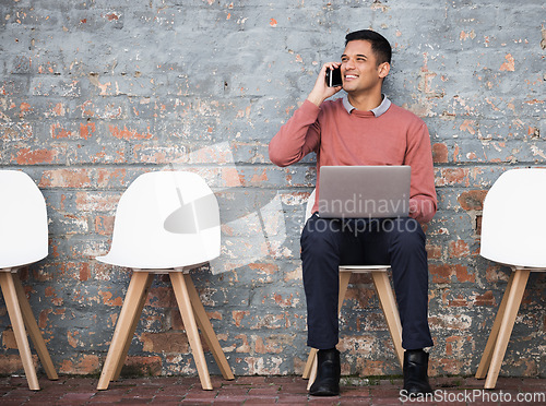Image of Phone call, recruitment and man on brick wall, sitting in line with hr news, job opportunity and hiring success. Smartphone, waiting room and person on technology for career networking and interview
