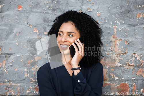 Image of Black woman, phone call and business contact for communication, contact us and 5g connection. Face of a happy entrepreneur person talking on a smartphone for networking outdoor on brick wall