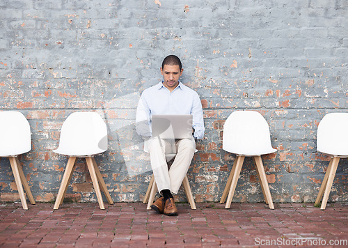 Image of Laptop, startup man for recruitment in digital agency with tech waiting for business meeting, HR or hiring team. Business man, research or employee job interview for a cyber, programmer or hacker