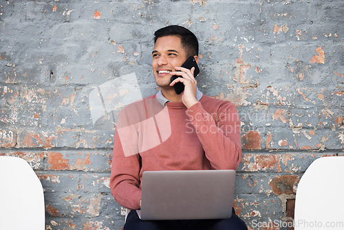 Image of Phone call, interview and man on brick wall, sitting in line for hr news, job opportunity and recruitment success. Smartphone, waiting room and person technology for career networking and job search