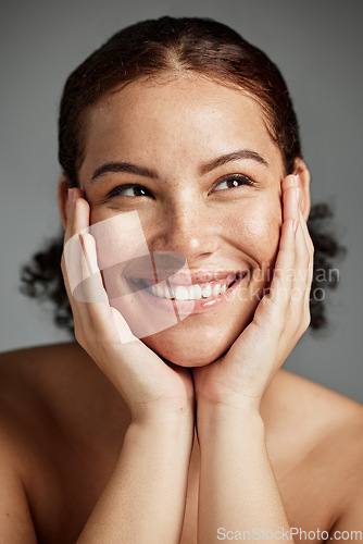 Image of Skincare beauty, face and woman in studio isolated on a gray background. Makeup cosmetics, thinking and happy female model satisfied with spa facial treatment for healthy, glowing and flawless skin.