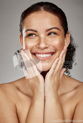 Image of Face portrait, skincare and beauty of woman in studio isolated on a gray background. Thinking, makeup cosmetics and happy female model satisfied after spa facial treatment for healthy or glowing skin