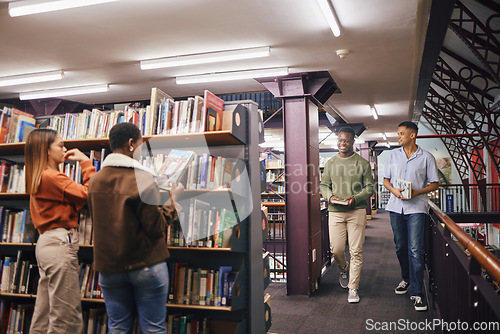 Image of Students, reading or library books for college education, university learning or school studying. Smile, happy men or women in bookstore for textbook research, scholarship degree goals or group study