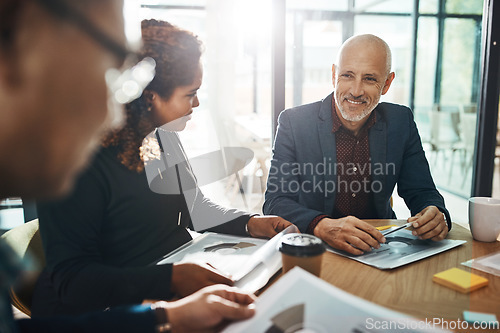 Image of Business meeting, team and planning in office for strategy discussion, vision or success. Happy corporate group, woman and businessman for collaboration at financial agency for goal, target or budget