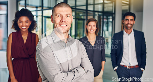 Image of Business people, executive and team portrait with diversity, businessman leader, smile and happy in career. Manager, professional group and collaboration, international and working together with CEO