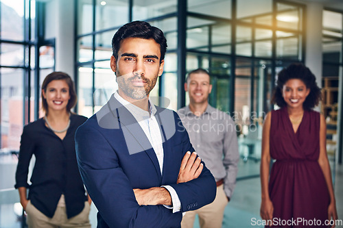 Image of Diversity, leadership and business people smile portrait for success, teamwork support and company vision in office. Interracial employees, corporate team and management or leadership motivation