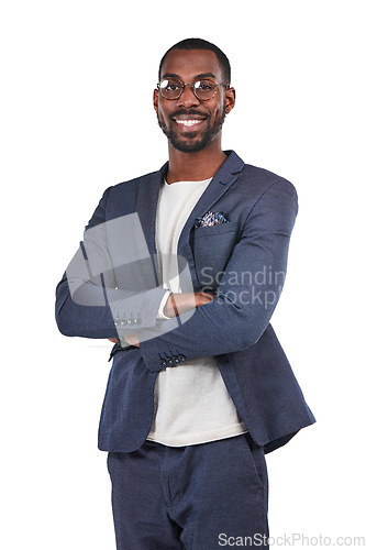 Image of Happy businessman, portrait or arms crossed and vision glasses, ideas or innovation on isolated white background. Creative designer, worker or employee in fashion suit on advertising marketing mockup