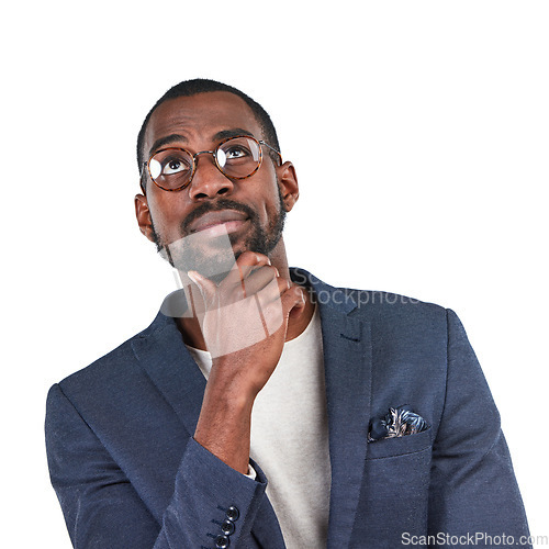 Image of Businessman, thinking or curious facial expression on isolated white background with vision, glasses or innovation. Creative designer, worker or employee with ideas, strategy planning or wondering