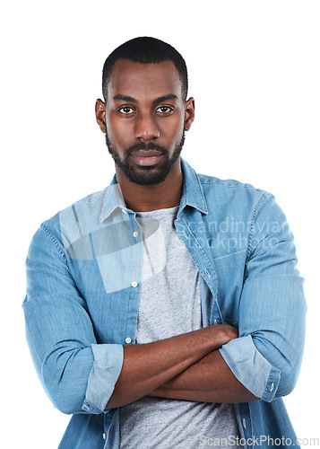 Image of Portrait of black man with confidence, serious and isolated on white background in denim shirt. Casual fashion, trendy startup owner and person in creative space at startup and boss face in studio.