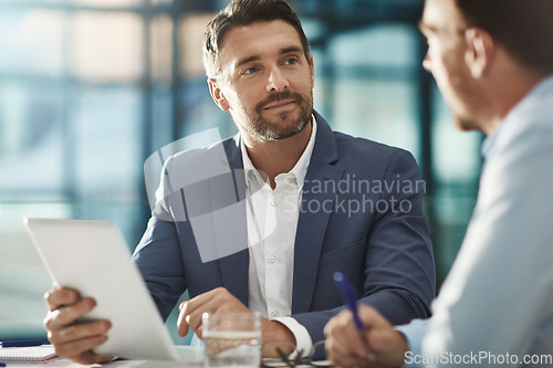 Image of Tablet, teamwork and business people in meeting in office workplace. Collaboration, digital technology and men or workers with touchscreen planning sales, analysis or strategy in company