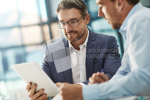Image of Meeting, teamwork and business people with tablet in office workplace. Collaboration, technology and men or employees with touchscreen planning sales, marketing or advertising strategy in company.