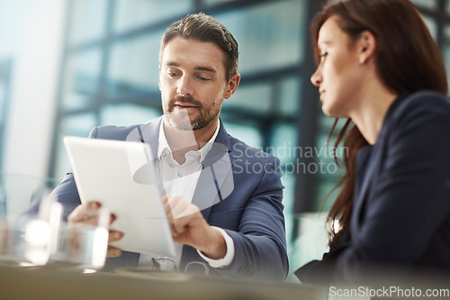 Image of Meeting, teamwork and business people with tablet in office workplace. Collaboration, technology and man, woman or workers with touchscreen for planning sales project or researching info in company.