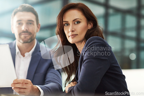 Image of Tablet, meeting and portrait of business people in office workplace. Face, collaboration and woman, man or employees with touchscreen technology for planning sales strategy or researching information