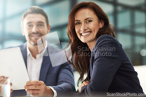 Image of Woman, portrait and business people in meeting in office workplace. Face smile, teamwork and happy man, female or employees with tablet technology planning sales strategy or researching information.