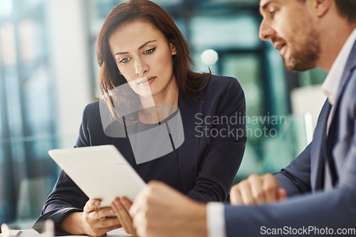 Image of Teamwork, tablet and meeting of business people in office workplace. Collaboration, technology or man, woman or employees with touchscreen planning sales, analysis or strategy in company