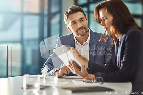 Image of Tablet, teamwork meeting and business people in office workplace. Collaboration, technology and man, woman or employees with touchscreen planning sales, research or financial strategy in company.