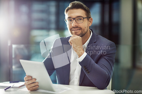 Image of Portrait, tablet and business man in office workplace, researching or working. Face, technology and male employee from Canada holding digital touchscreen for networking, internet browsing or email.