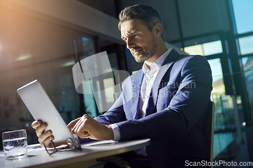 Image of Business, tablet search and accounting ceo financial worker working with web finance analytics. Office, senior investment employee and boss planning digital strategy for fintech stock market company