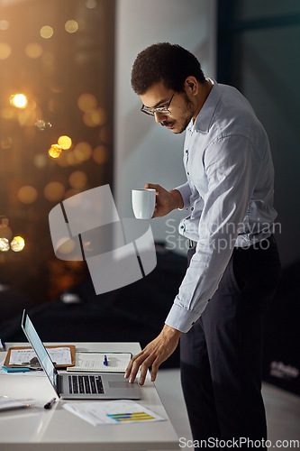 Image of Laptop, night coffee and businessman reading feedback review of financial portfolio, stock market or investment. Online economy research, bokeh and crypto trader trading nft, forex or bitcoin mining