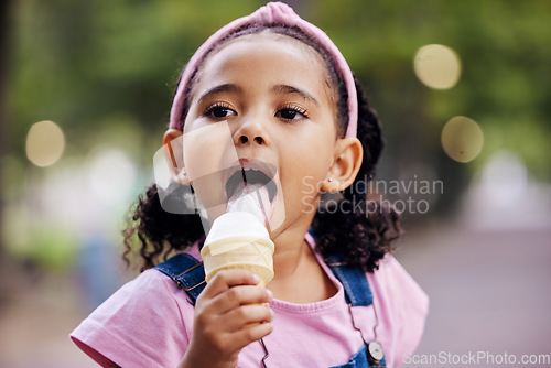 Image of Young girl, face and eating ice cream in park, outdoor in nature with family day and dessert at picnic. Summer vacation, fun trip and gelato with kid, relax and freedom, travel and adventure mockup