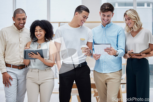 Image of Creative business people, teamwork and collaboration in team building with smile together for startup at a office. Happy employee workers smiling in happiness for group training, planning or schedule