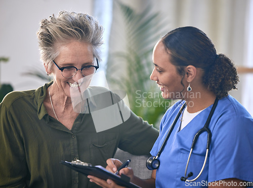 Image of Healthcare, retirement and clipboard with a nurse and woman in consultation over treatment in a home. Medical, insurance and documents with a female medicine professional taking to a mature patient