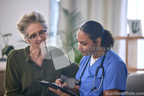 Image of Medical, retirement and clipboard with a nurse and woman in consultation over treatment in a home. Healthcare, insurance and documents with a female medicine professional taking to a mature patient