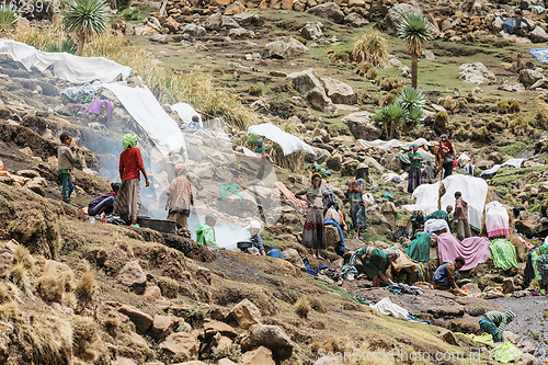 Image of Ethiopian women wash clothes, Simien Mountain Ethiopia