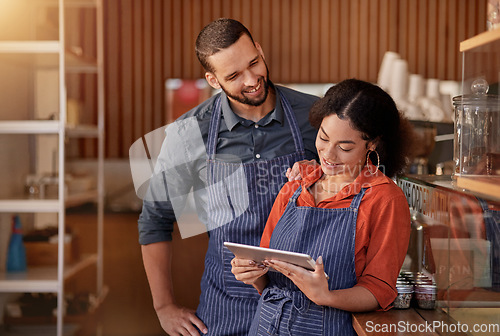 Image of Restaurant, cafe owner and couple with tablet to manage orders, inventory and stock. Interracial waiters, technology and happy man and woman with digital touchscreen for managing sales in coffee shop