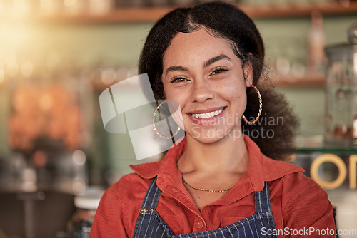 Image of Face portrait, cafe waiter and black woman ready to take orders. Coffee shop, barista and confident, happy and proud young female employee from Brazil, worker or small business owner of cafeteria.