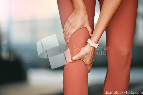 Image of Woman, legs and knee pain for fitness run, exercise training or medical accident in health gym. Sports athlete hands, joint care and leg injury emergency or swollen muscle tension for runner workout