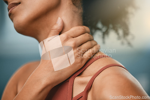 Image of Fitness, injury and woman with neck pain from sports after gym accident, emergency and muscle trauma. Inflammation, sore and hand of an athlete with a painful body after training, exercise and cardio