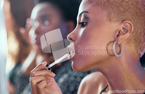 Image of Beauty, makeup and girl with lipstick in bathroom of nightclub, friends getting ready for party or music concert. Cosmetics, diversity and women backstage at theater, fashion show or dark night club.