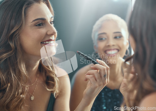 Image of Makeup, smile and women getting ready for a party, social celebration and lipstick for an event. Happy, mirror reflection and friends with cosmetics for a girls night, new year and disco together