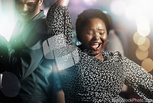 Image of Black woman, wow or dancing on dance floor in party, nightclub event or bokeh disco for birthday celebration. Smile, happy or dancer friends bonding in social gathering, concert or New Year festival